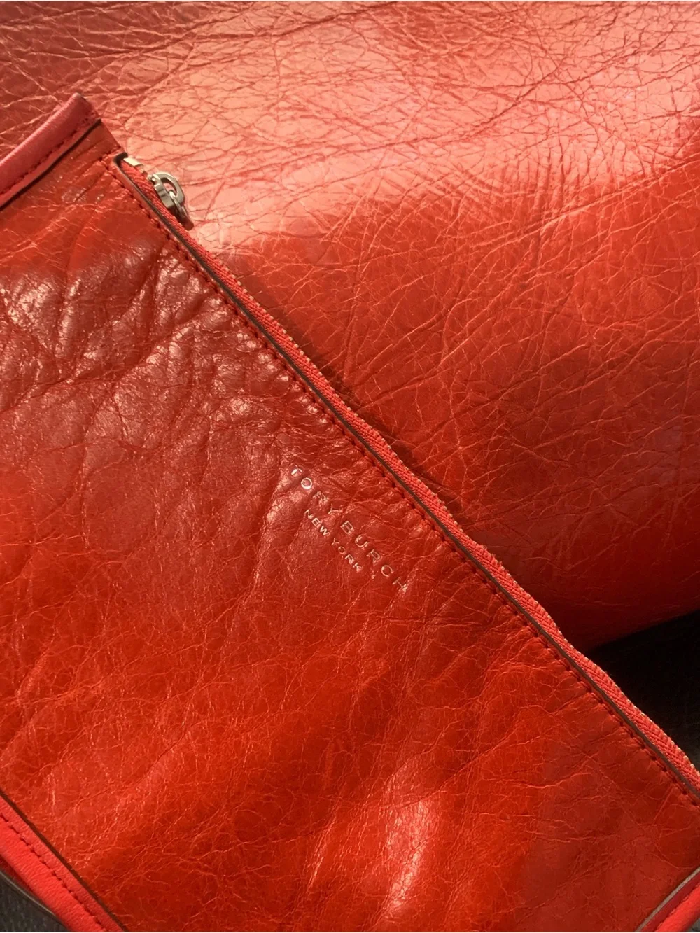 Tory Burch Rory Leather Tote Bag – Bright Coral / Orange Red